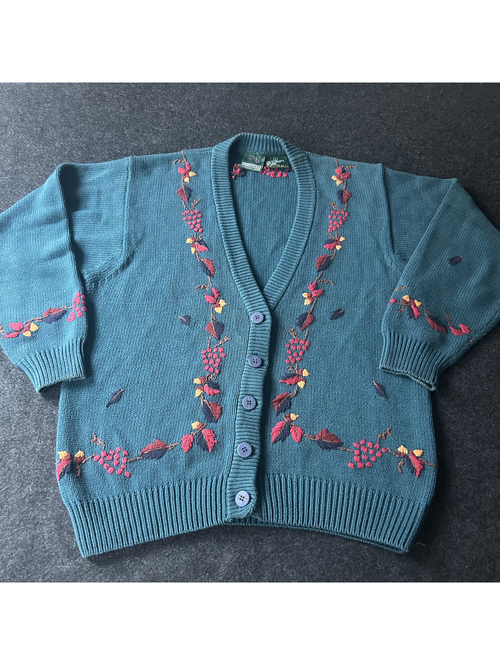 Vtg Northern Reflections Cardigan Sweater Womens Small Teal Grape Floral Knit
